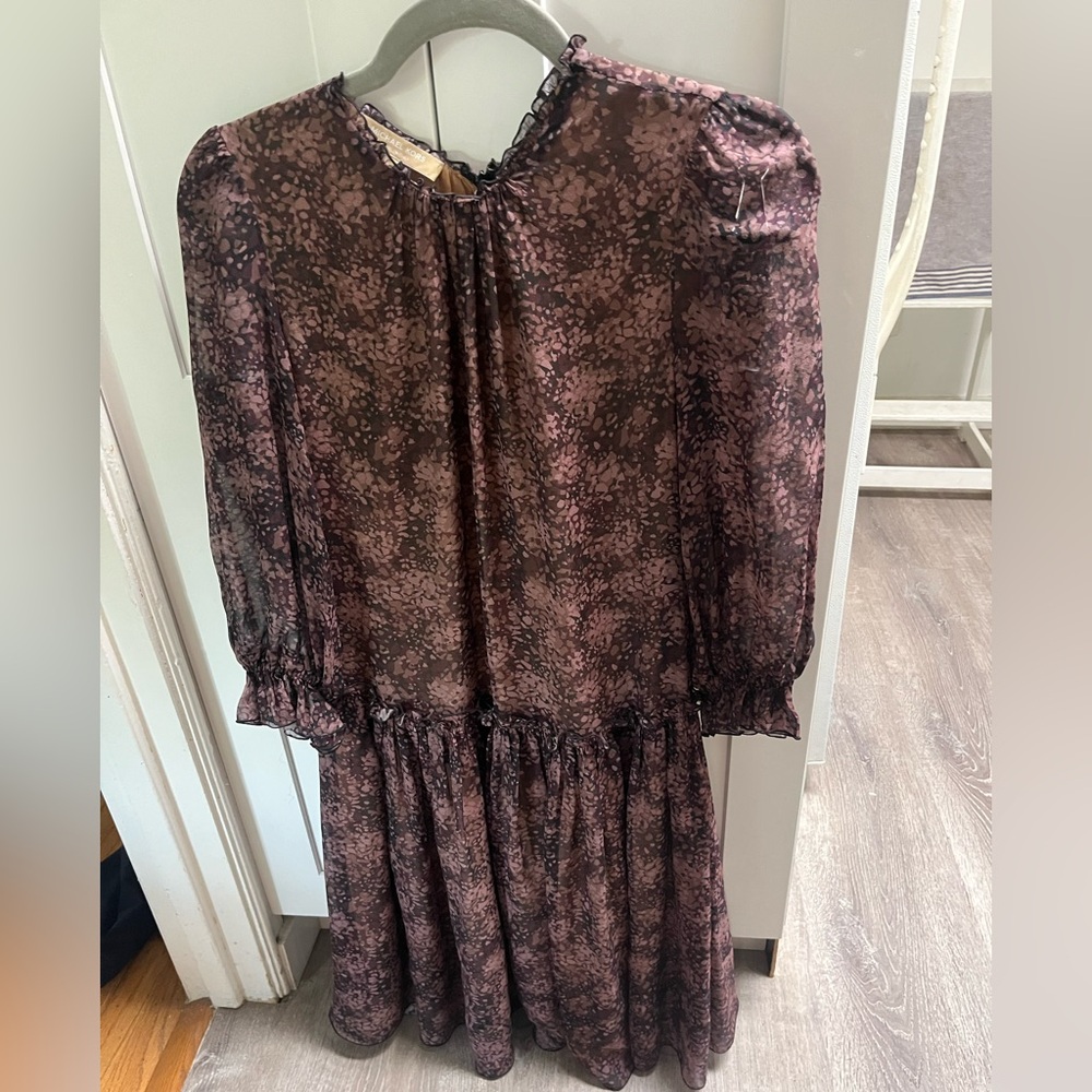 Italian Floral Long Sleeve Midi Dress Plum Michael Kors designer 4 silk wedding